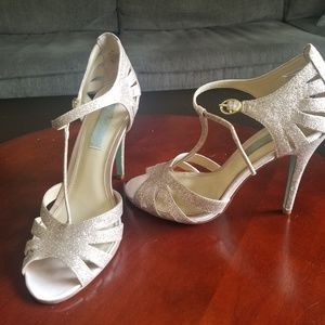 Betsey Johnson peep toe gold sparkle heels